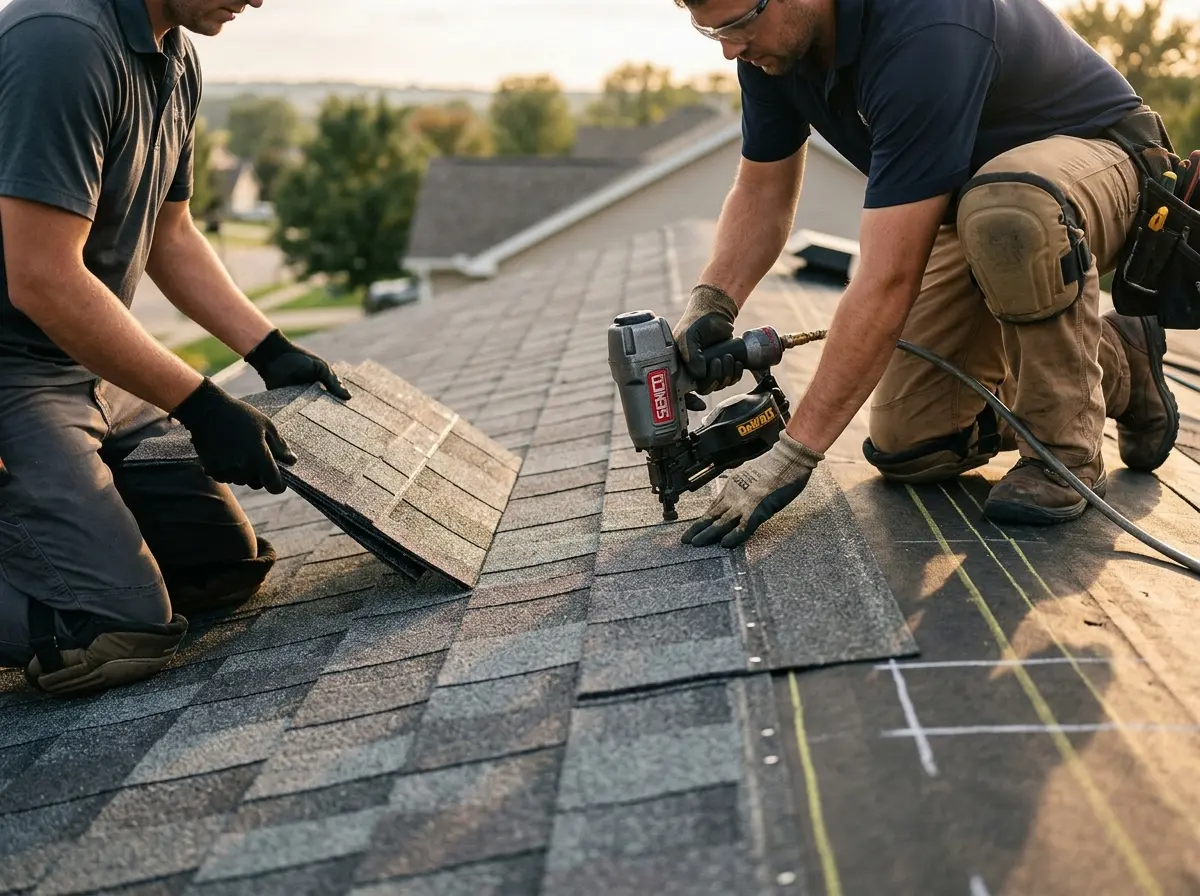 Professional roofer working on a residential roof in Providence Village